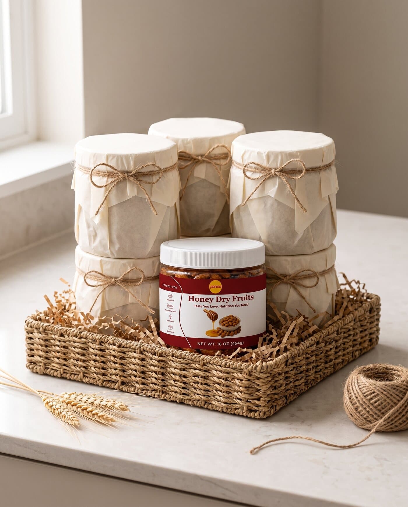 A seagrass basket packed with kraft shred and six jars — five wrapped in tissue paper and tied with twine, one jar of Noreen Foods Honey Dry Fruits unwrapped at the front.