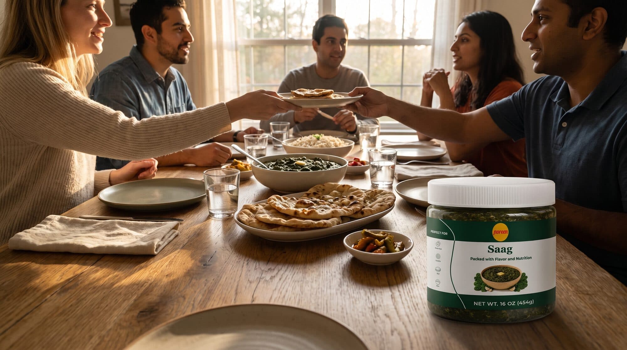 Friends and family around a long dinner table passing bowls of saag, rice and rotis, a jar of Noreen Foods Saag on the table beside the serving bowl.