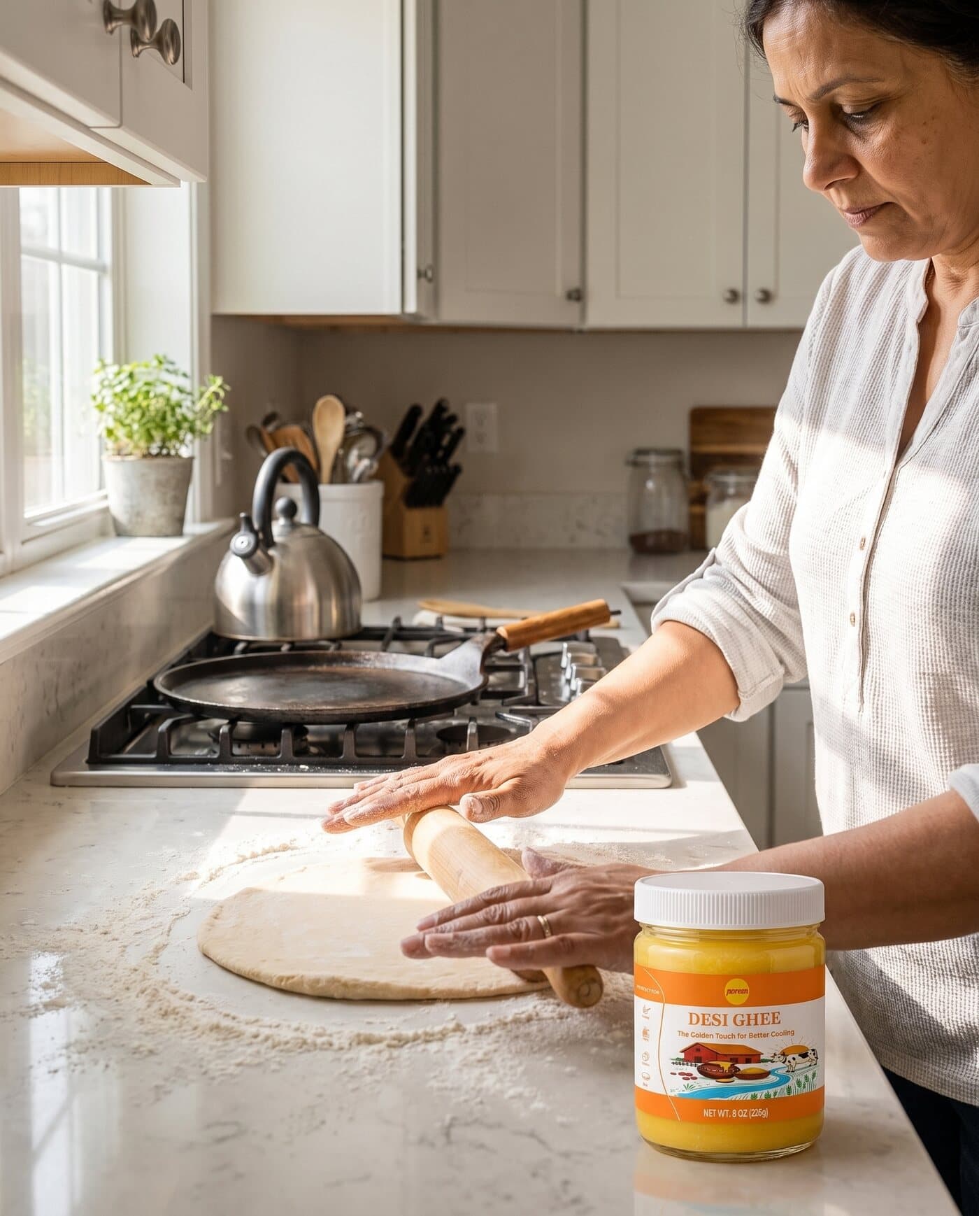 A woman rolling out dough on her kitchen counter, a tawa heating on the range behind her and a jar of Noreen Foods Desi Ghee open beside the flour.