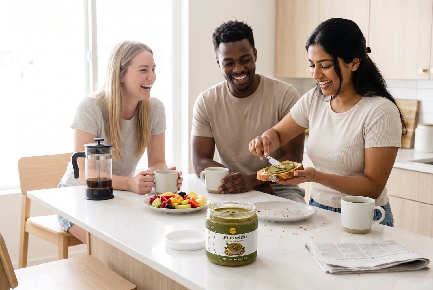 Friends around a kitchen island at brunch, one spreading Noreen Foods Pistachio onto sourdough toast, the open jar on the counter in front of them.