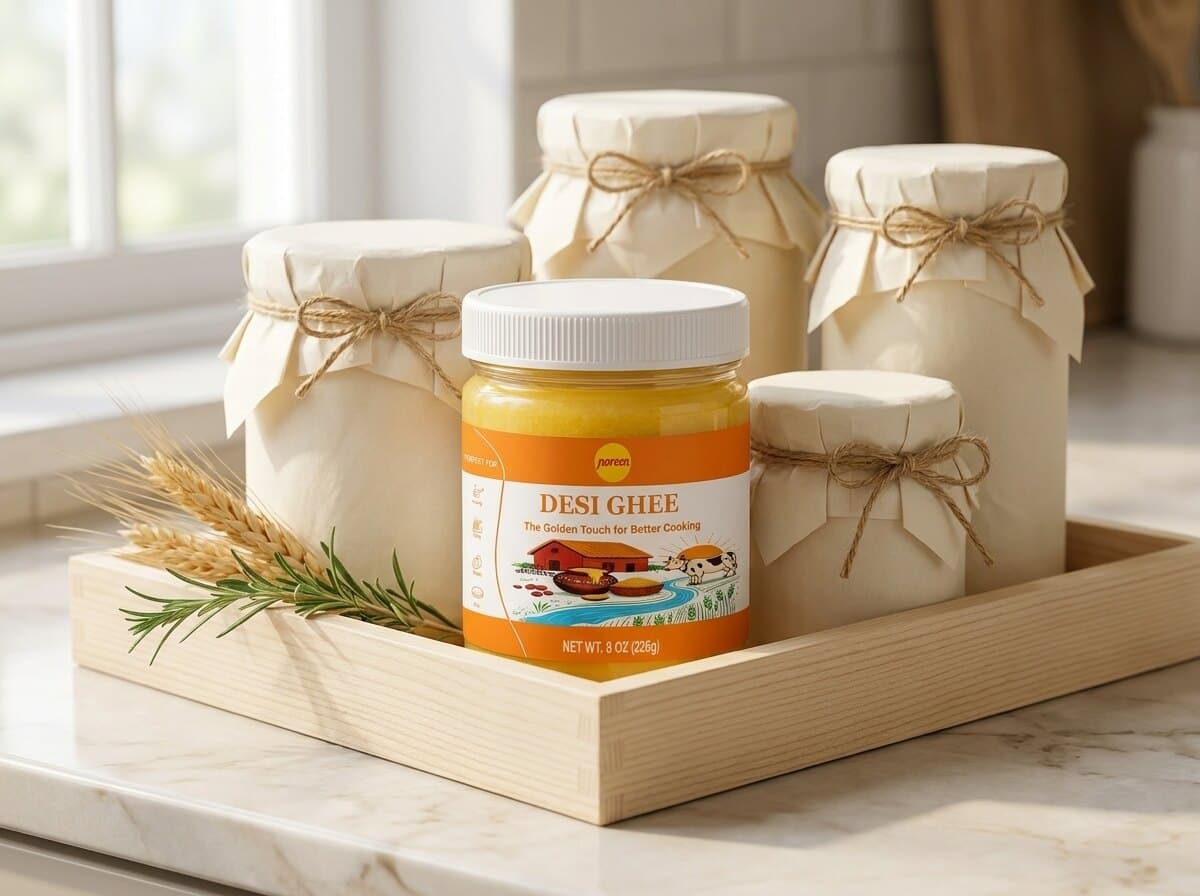 A pale wooden crate lined with kraft shred holding a jar of Noreen Foods Desi Ghee at the front and five tissue-wrapped jars around it, with wheat stalks and rosemary resting against the crate.