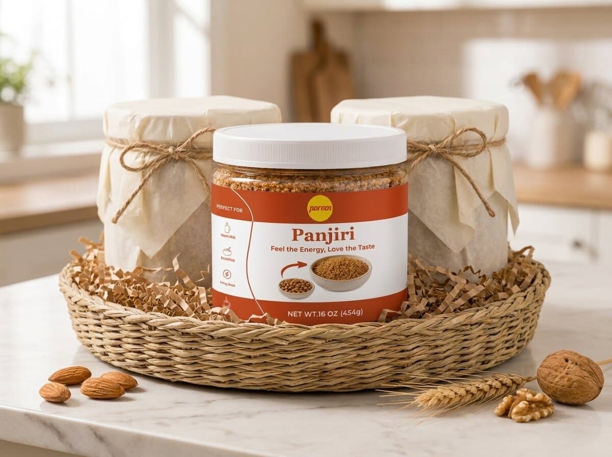 A seagrass basket of kraft shred holding a jar of Noreen Foods Panjiri at the front and two jars wrapped in cream tissue and jute twine behind it, with almonds, walnuts and wheat on the marble counter alongside.