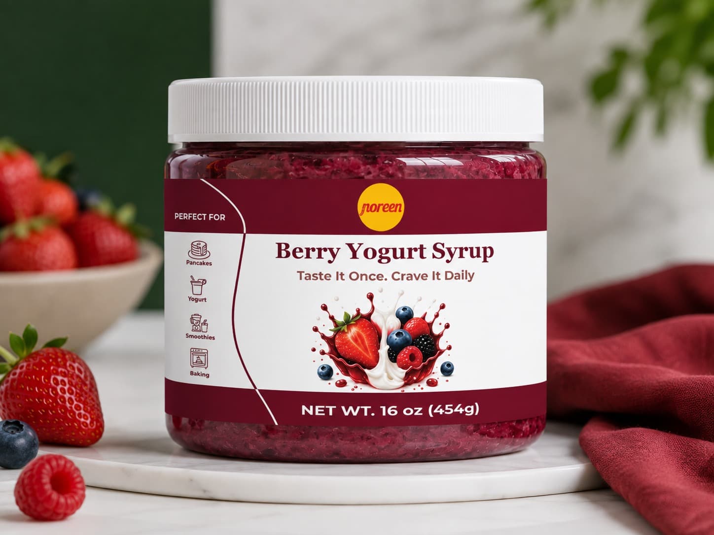 A jar of Noreen Foods Berry Yogurt Syrup, 16 oz (454g).