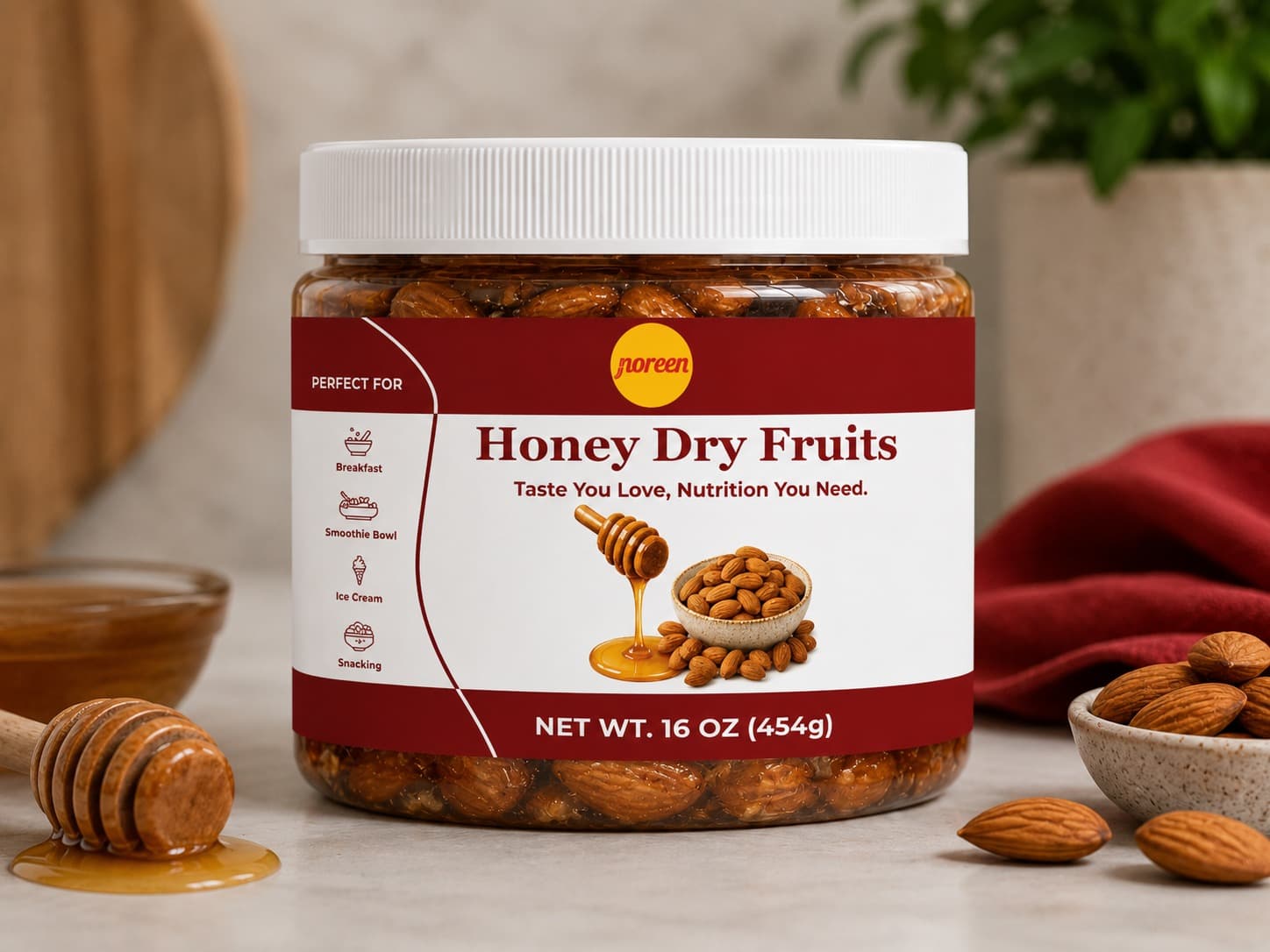 A jar of Noreen Foods Honey Dry Fruits, 16 oz (454g).
