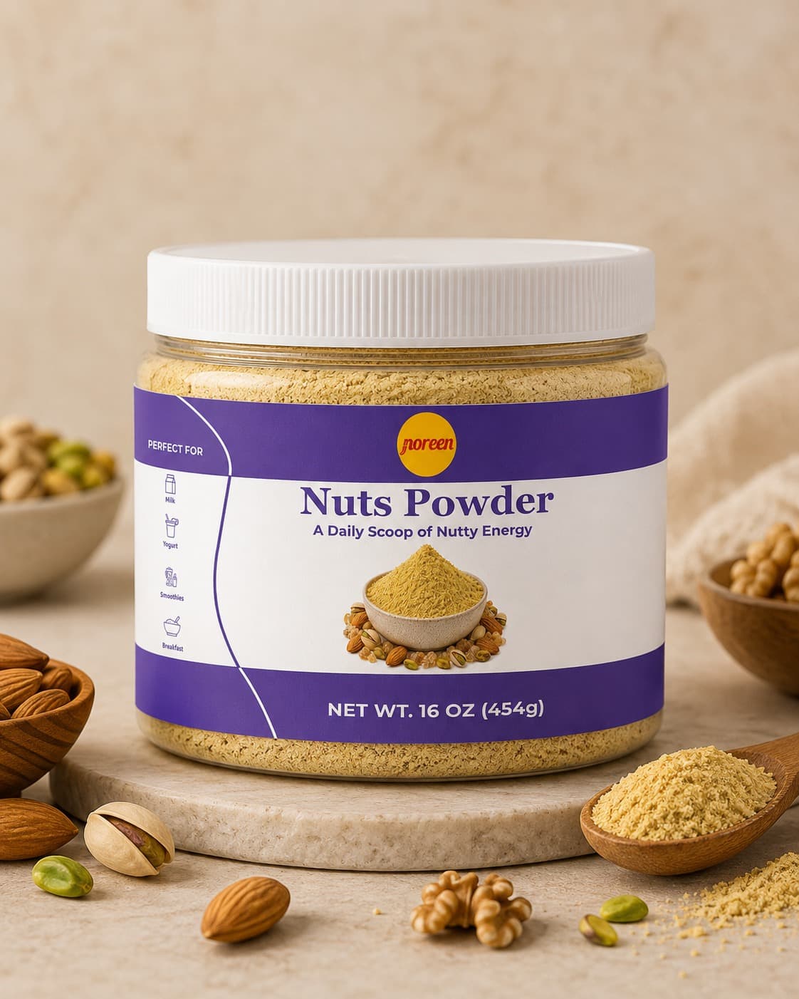 A jar of Noreen Foods Nuts Powder, 16 oz (454g).