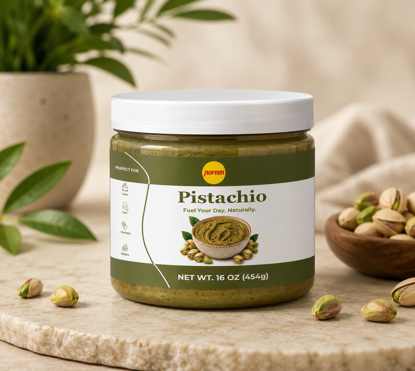 A jar of Noreen Foods Pistachio, 16 oz (454g).